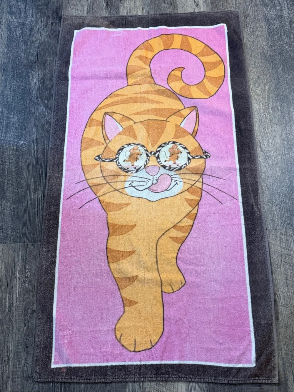 Vintage 1996 Stevens Tastermaker Ginger Cat Beach Towel Pink USA Made tabby
